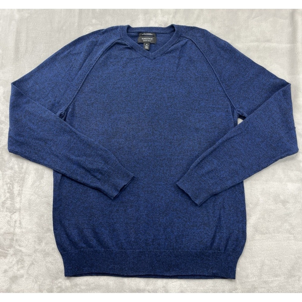 Nordstrom Sweater Men Medium Heather Blue V-Neck Cotton Wool Blend Knit Preppy